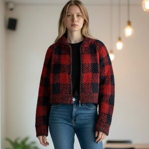 SKIMS Buffalo Plaid Cropped Teddy Coat